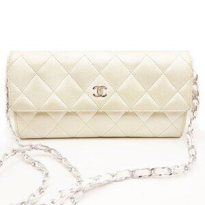 Authentic CHANEL CC Classic Timeless Caviar Flap Wallet on Chain Purse White Bag